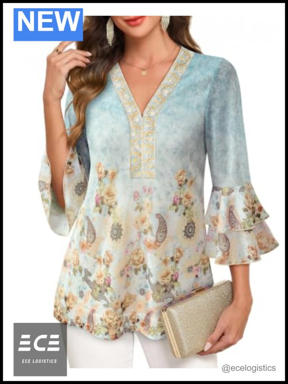 Womens Mesh Blouse Double Layers 3/4 Ruffle Sleeve V Neck Dressy Casual Top